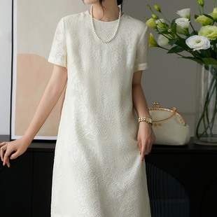 真丝提花连衣裙高级感新中式旗袍桑蚕丝裙子夏天白色杭州女装夏季