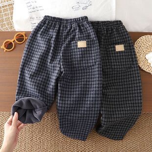 儿童加绒裤子秋冬新款方格男童女童百搭长裤宽松版休闲童装格子裤