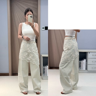 Jeans 高腰无弹宽松蕾丝屁帘裤 阔腿弯刀牛仔长裤 女Y 19852春夏新款