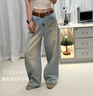 JEANS 2660 春季2026新款高腰烫钻无弹美式阔腿弯刀浅蓝牛仔裤女Y