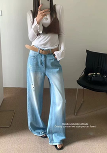 女直筒阔腿裤 5380春夏新款 高腰牛仔裤 蓝色磨白显瘦百搭休闲裤