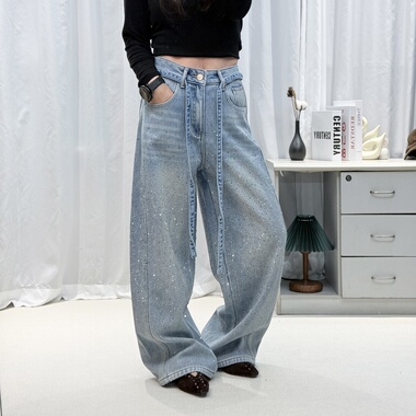 JEANS D955 冬季复合绒2025新品美式烫钻无弹阔腿裤弯刀牛仔裤女F