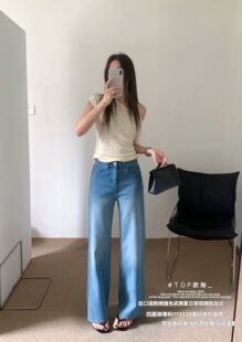 新款 TOP欧制13328弹力窄版 牛仔裤 女26夏季 高腰百搭显瘦直筒长裤