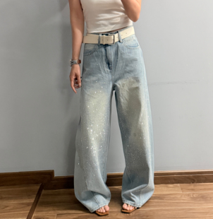 JEANS 7568春季2026新款高腰烫钻无弹美式阔腿弯刀浅蓝牛仔裤女B