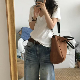 Leyang 欧货衣长65cm 夏季新款百搭大V领棉料短袖T恤纯色短款上衣