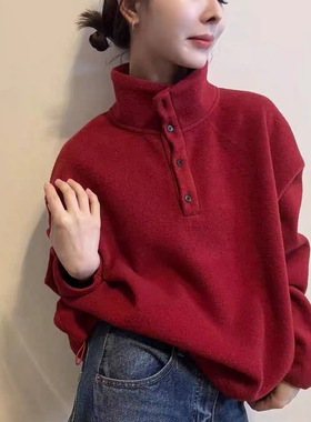 韩系 31185冬季加绒加厚下摆抽绳立领扭扣套头长袖新款休闲上衣女