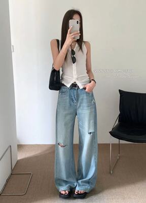 DM7301做旧水洗破洞阔腿裤女2026夏季薄料高腰慵懒垂感拖地牛仔裤