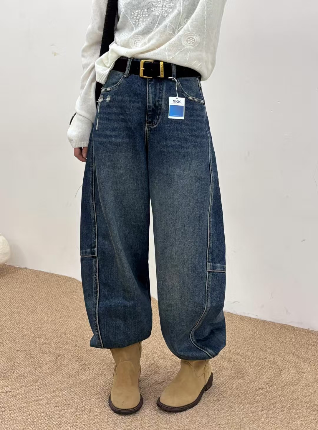 JEANS D7666冬季磨毛2025新款高腰无弹高腰阔腿弯刀牛仔裤长裤女H
