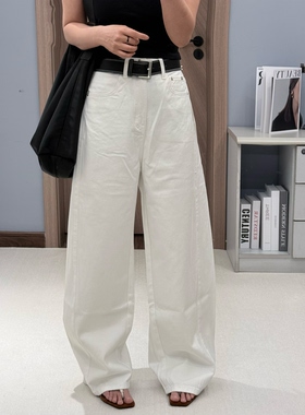 A+AIJIA 66018-1春季2026新款高腰白色纯棉宽松阔腿弯刀拖地裤女B