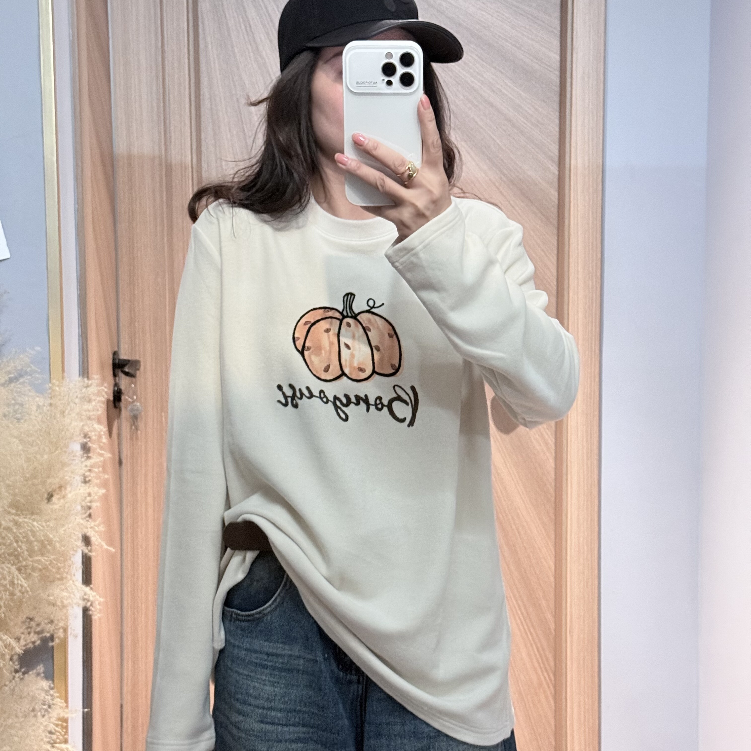 欧版 5825南瓜字母刺绣德绒长袖T恤女打底衫2025新款大版宽松上衣