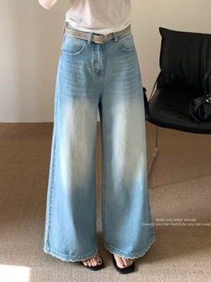 DM5382 阔腿花边直筒牛仔裤女2026春季新款高腰蓝色宽松十分裤女K