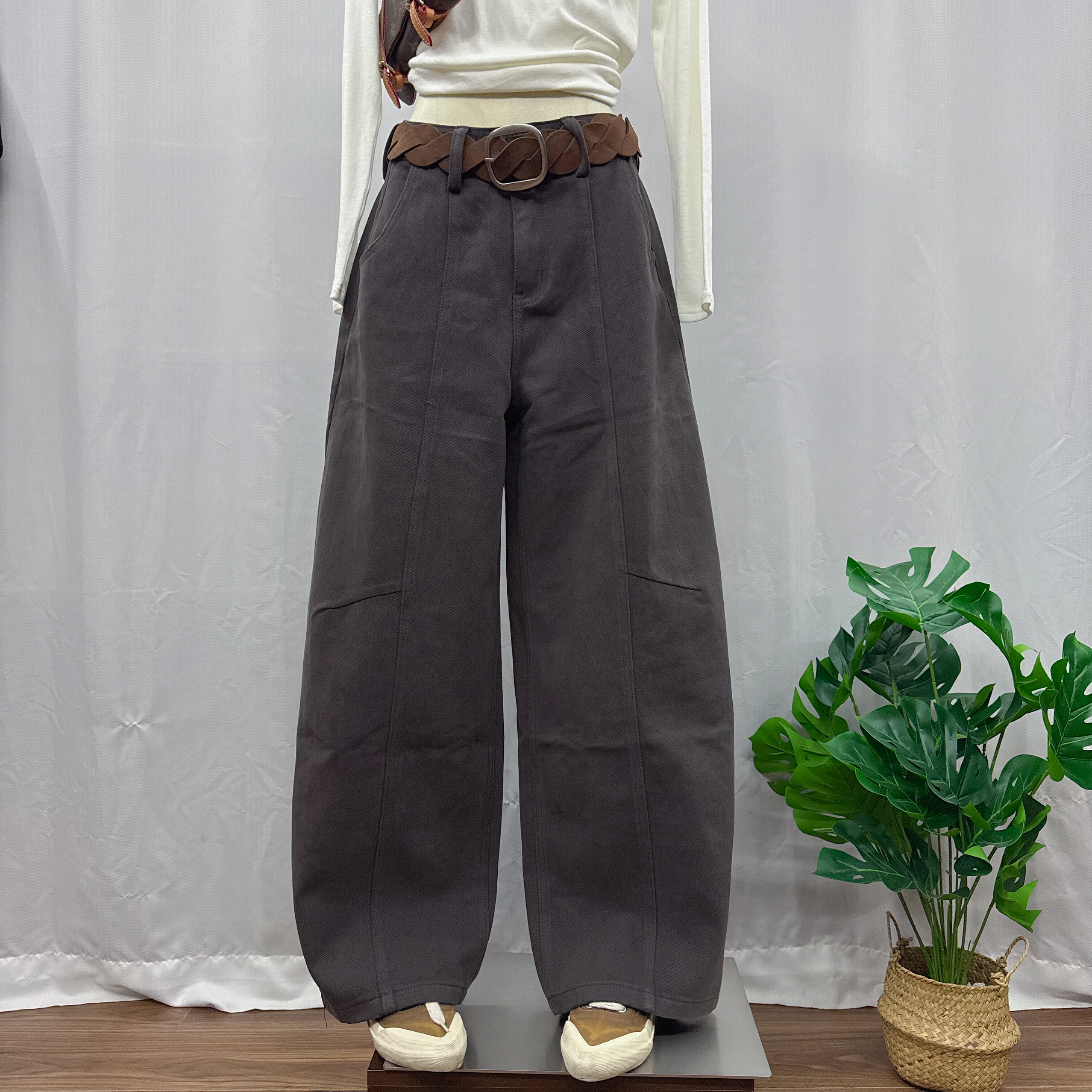 JEANS 8973冬季磨毛新品时尚腰带弯刀工装休闲裤高腰宽松阔腿裤Yh