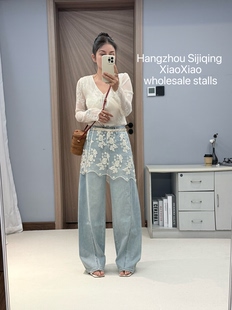 Jeans 高腰无弹宽松蕾丝屁帘裤 阔腿弯刀牛仔长裤 女B 57837春夏新款