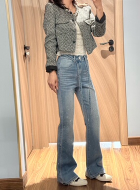 Z&W5038春季2026新款高腰四面彈修身烫钻浅蓝色微喇叭裤牛仔裤女A