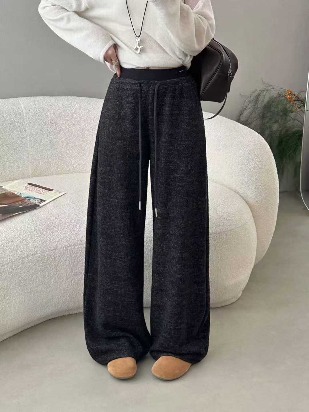 DY2012冬季2025抽绳拼接松紧腰宽松高级感加厚加绒直筒裤休闲裤Ws