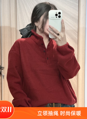 韩系 31185冬季加绒加厚下摆抽绳立领扭扣套头长袖新款休闲上衣女