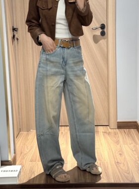 欧货91122-2春季2026新款高腰宽松作旧无弹酷飒美式弯刀牛仔长裤B