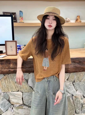 衣7 percent夏季新款亚麻短袖个性刺绣圆领韩版宽松休闲百搭T恤女