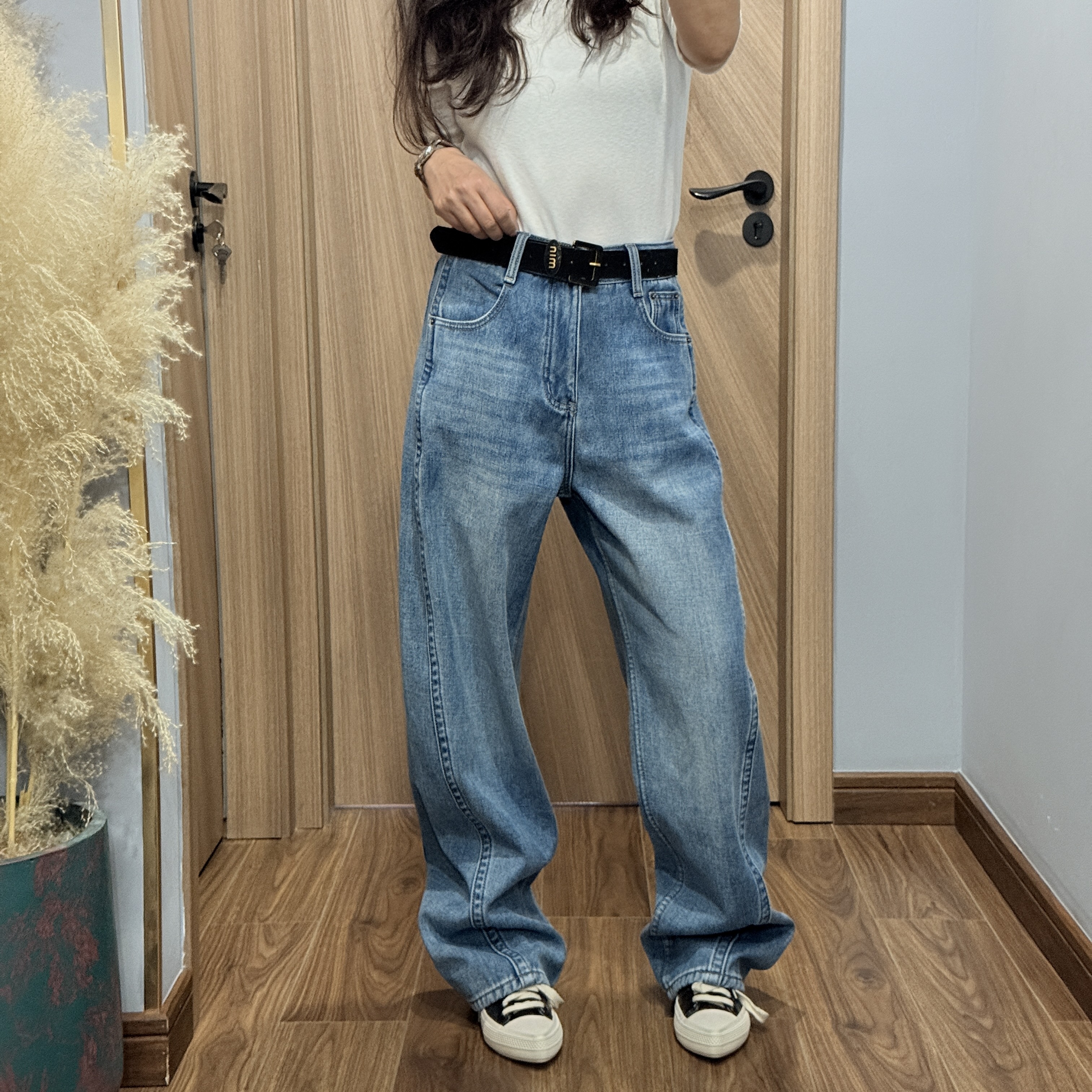 索玛拉67391冬季植绒2025新品酷飒挺括浅蓝色全棉无弹直筒牛仔裤M