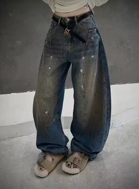 JEANS 3581冬季复合厚绒2025新款高腰宽松无弹美式弯刀牛仔裤女Ws