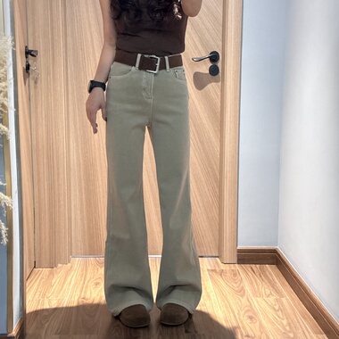 27TIMES 87133冬季复合绒2025新款修身高腰奶茶色微喇牛仔长裤女W