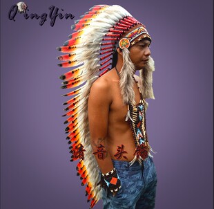 印第安酋长帽子服装 印第安人彩色羽毛头饰演出派对cos走秀道具