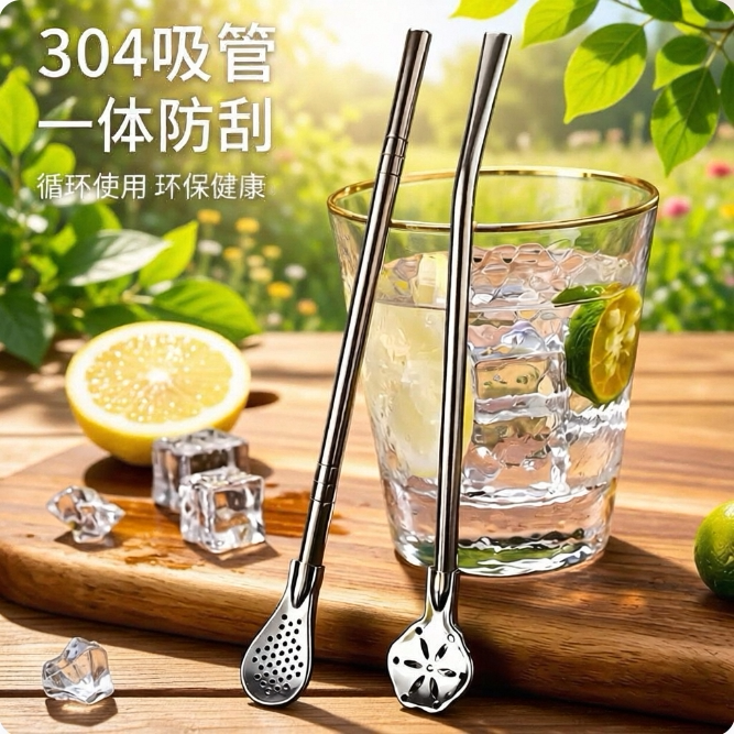 加长吸管勺子304不锈钢