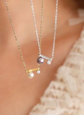 鲸雨 平衡木简约爪钻白珍珠金属紫灰项链锁骨链 钛钢镀18K金XL639