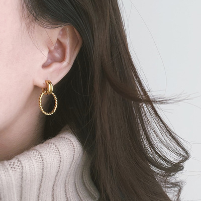 欧美风麻花钛钢18K金不掉色耳环