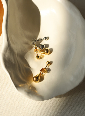 ED209 极简性冷淡风 中性圆珠金属水滴耳钉 钛钢镀18K金 欧美首饰