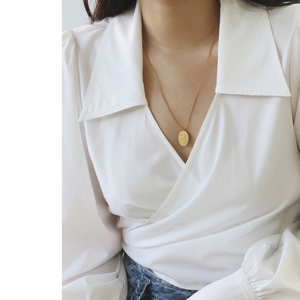 法国金币百合花中长款钛钢毛衣链