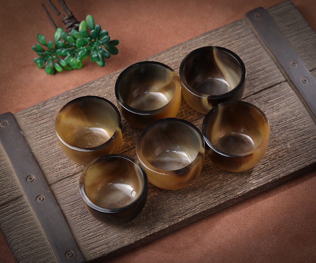 天然保真满血西藏羊角茶杯角质酒杯养生茶具文玩送礼套装养身收藏