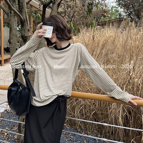 GRACETINA HOO｜法式简约松弛通勤｜天丝撞色条纹圆领长袖T恤女秋