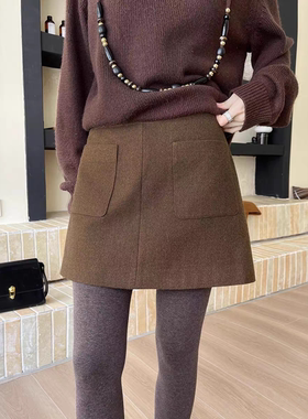 GRACETINA HOO｜法式简约高智感通勤｜仿毛呢双口袋A字短裙女秋冬