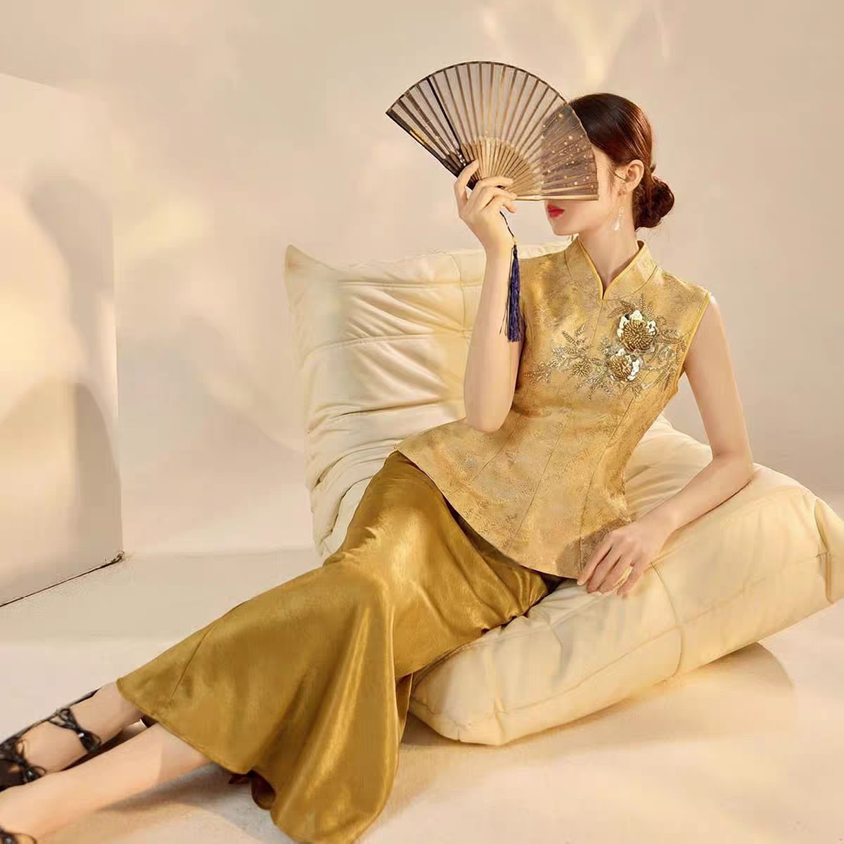 弥蝶|商务老钱通勤中式国风|提花珠绣尖领无袖修身马甲女春夏秋