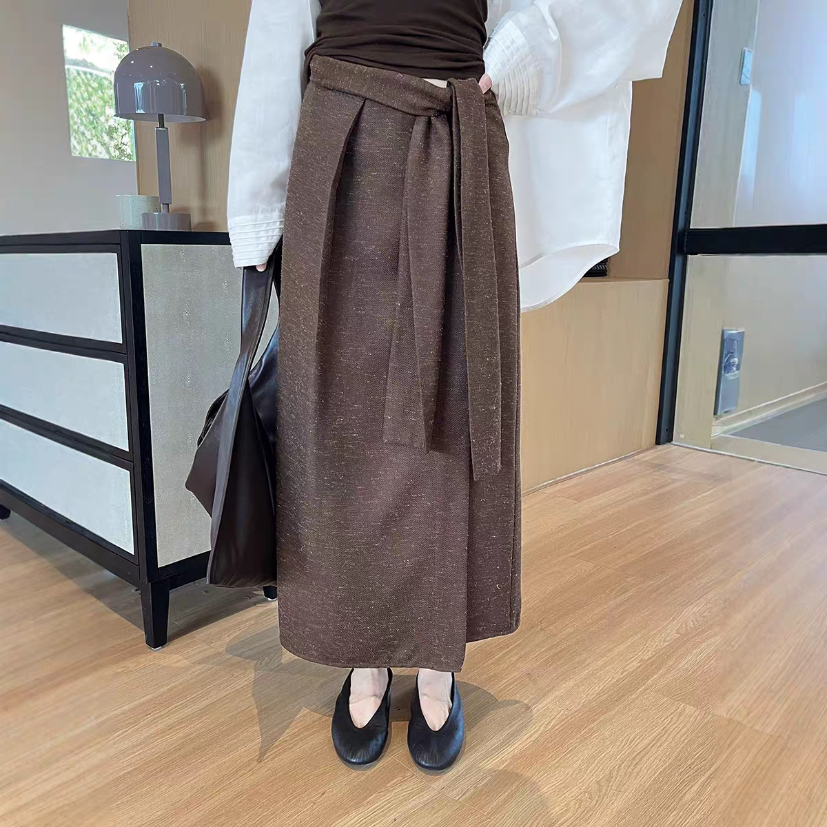 GRACETINA HOO|法式简约休闲通勤|亚麻褶裥绑带直筒半裙女早秋