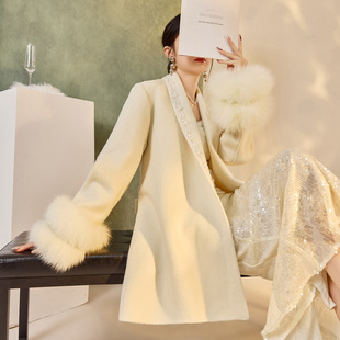 MID|轻奢高级感通勤|羊毛双面呢狐狸毛袖口中长大衣女春秋冬