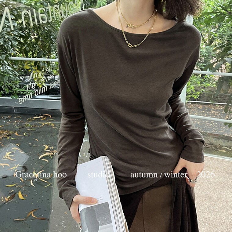 GRACETINA HOO|法式简约设计感通勤|背透一字领长袖T恤女早秋