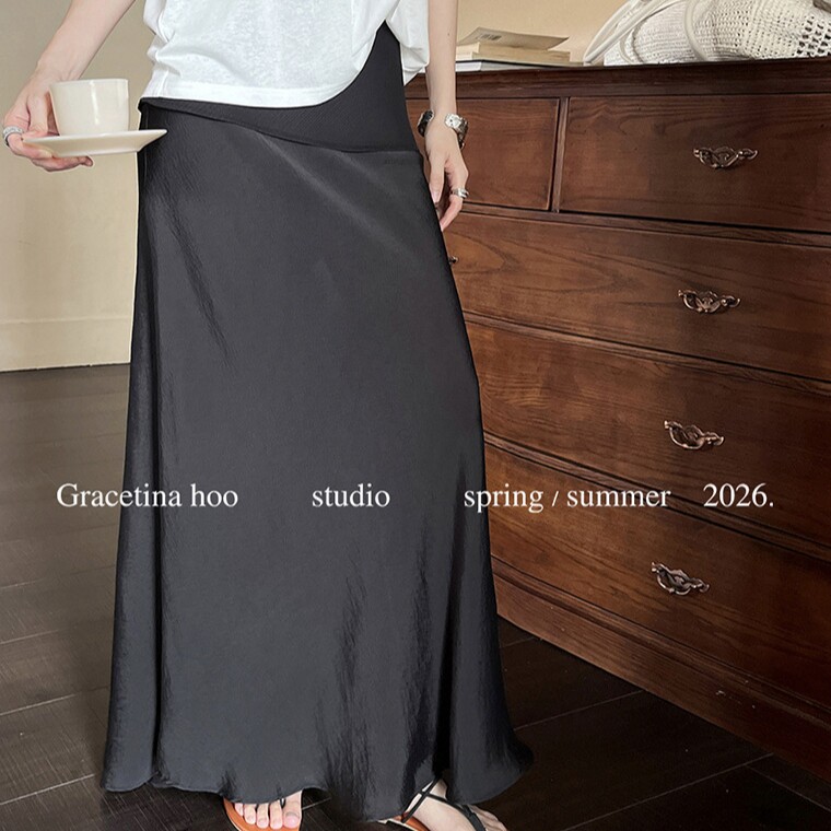 GRACETINA HOO｜法式简约高智感通勤｜人丝条纹拼接A字半身裙女夏