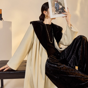 MID|韩系轻奢通勤|羊毛丝绒感撞色翻领伞褶大衣外套女春秋冬