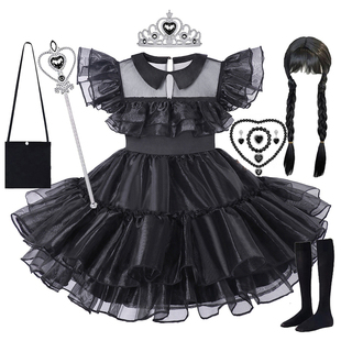 亚当斯一家衣服cos服星期三童装同款公主裙女童套装万圣节扮演服