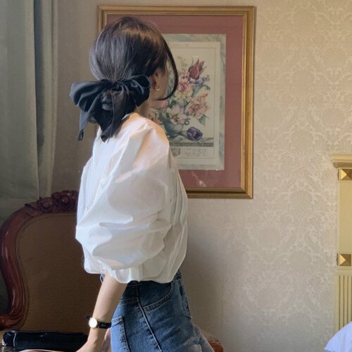 大蝴蝶结丝缎少女飘带发夹法式