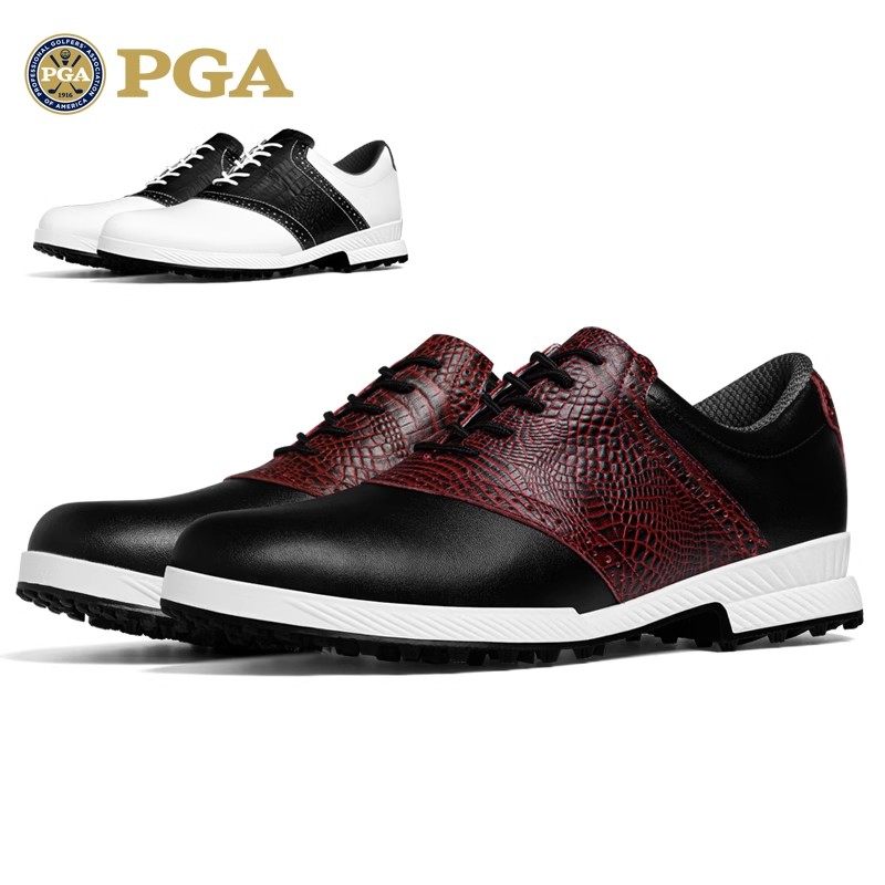 美国PGA 高尔夫球鞋 男士真皮鞋子 鳄鱼纹牛皮+透气超纤 防滑鞋钉