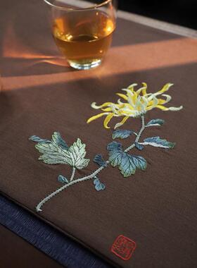 引之长寿菊刺绣茶垫水洗棉麻茶席布艺礼品复古茶布中式干泡茶道