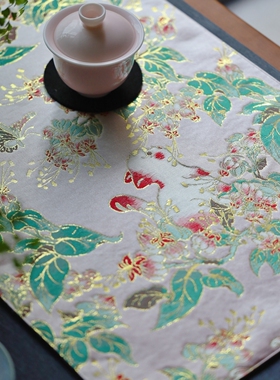 粉绿色猫咪仿西阵织茶席织锦茶垫干泡茶几垫茶艺礼品精致织金茶旗