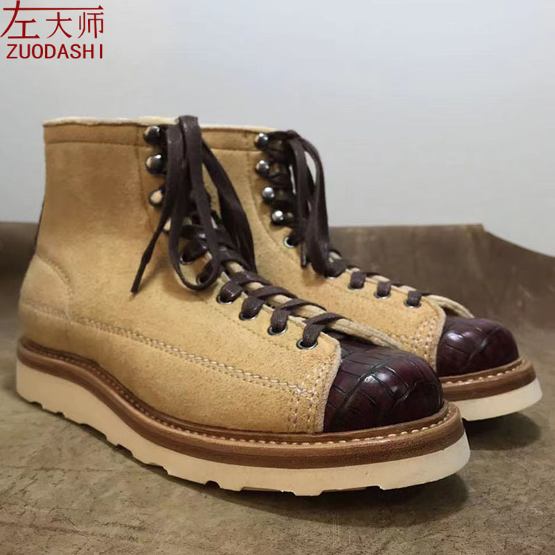 左大师1605-8-3B手工皮鞋私人订制北美鹿皮拼鳄鱼皮马丁靴工装靴