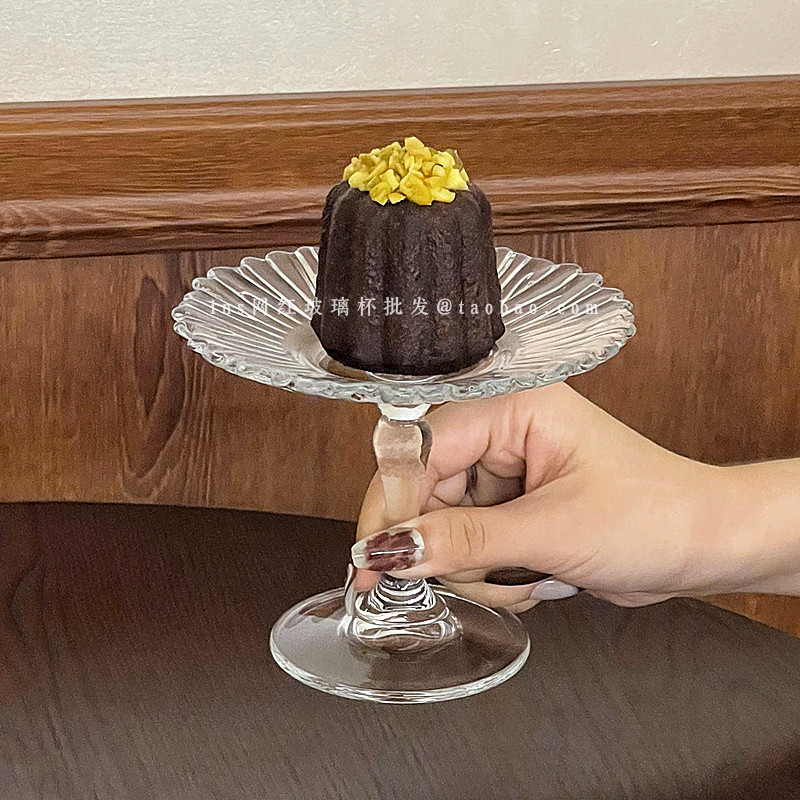 欧式透明玻璃点心糕点盘家用创意花边高脚甜品盘小号蛋糕展示盘