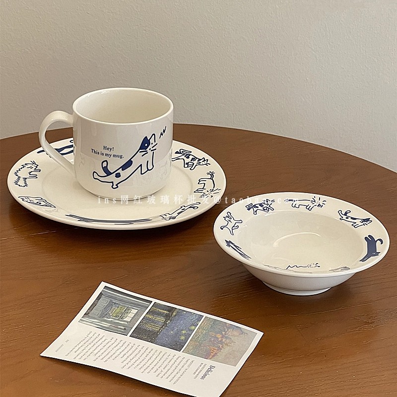 韩式ins风手绘小猫牛奶马克杯咖啡杯卡通可爱陶瓷圆形餐具蛋糕盘
