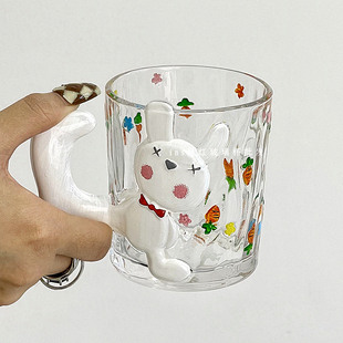 限定款手绘浮雕玻璃杯可爱少女心兔兔杯情侣款咖啡杯创意卡通把杯