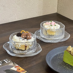 高级感透明玻璃不规则甜品碗碟套装ins风条纹糖水银耳羹碗布丁碗